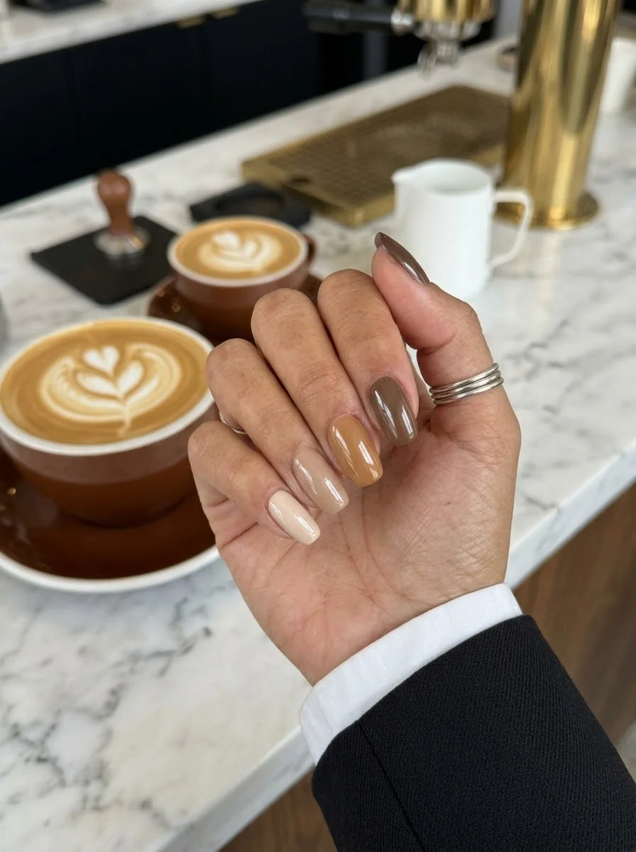 Short oval nails with each nail painted a different shade from creamy white to mocha brown.