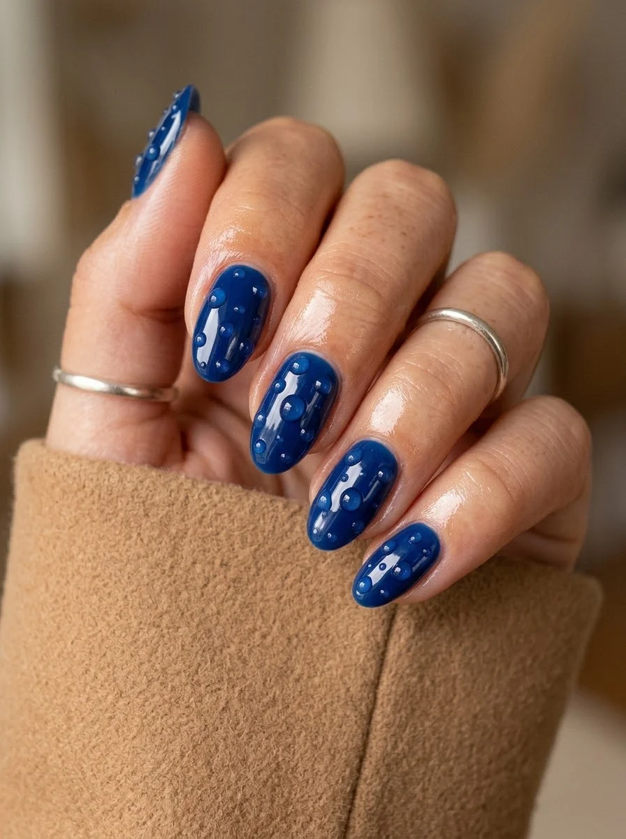Medium oval nails with cobalt blue base and raised 3D bubble or droplet textures.
