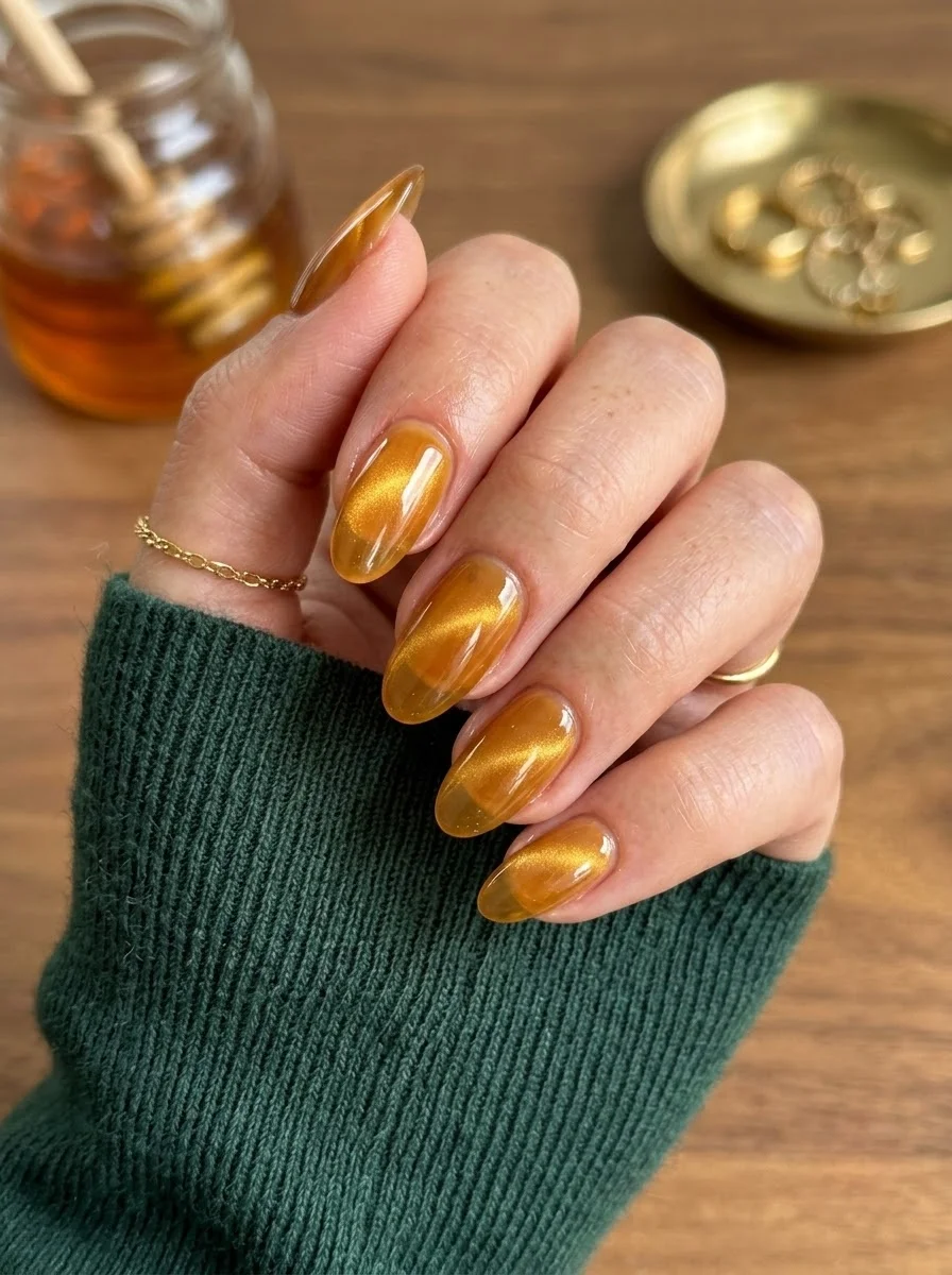 Medium oval nails with amber honey cat-eye magnetic polish showing golden shimmer.