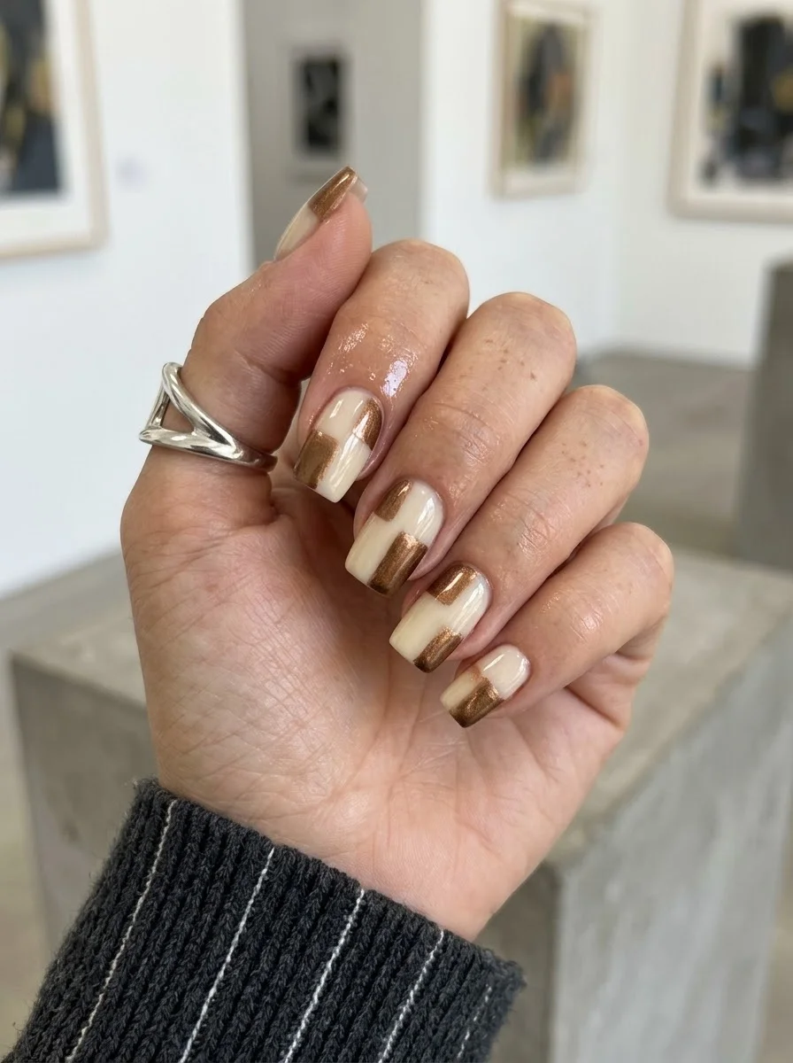 Short square nails with cream base and gold metallic color blocking in geometric rectangles.
