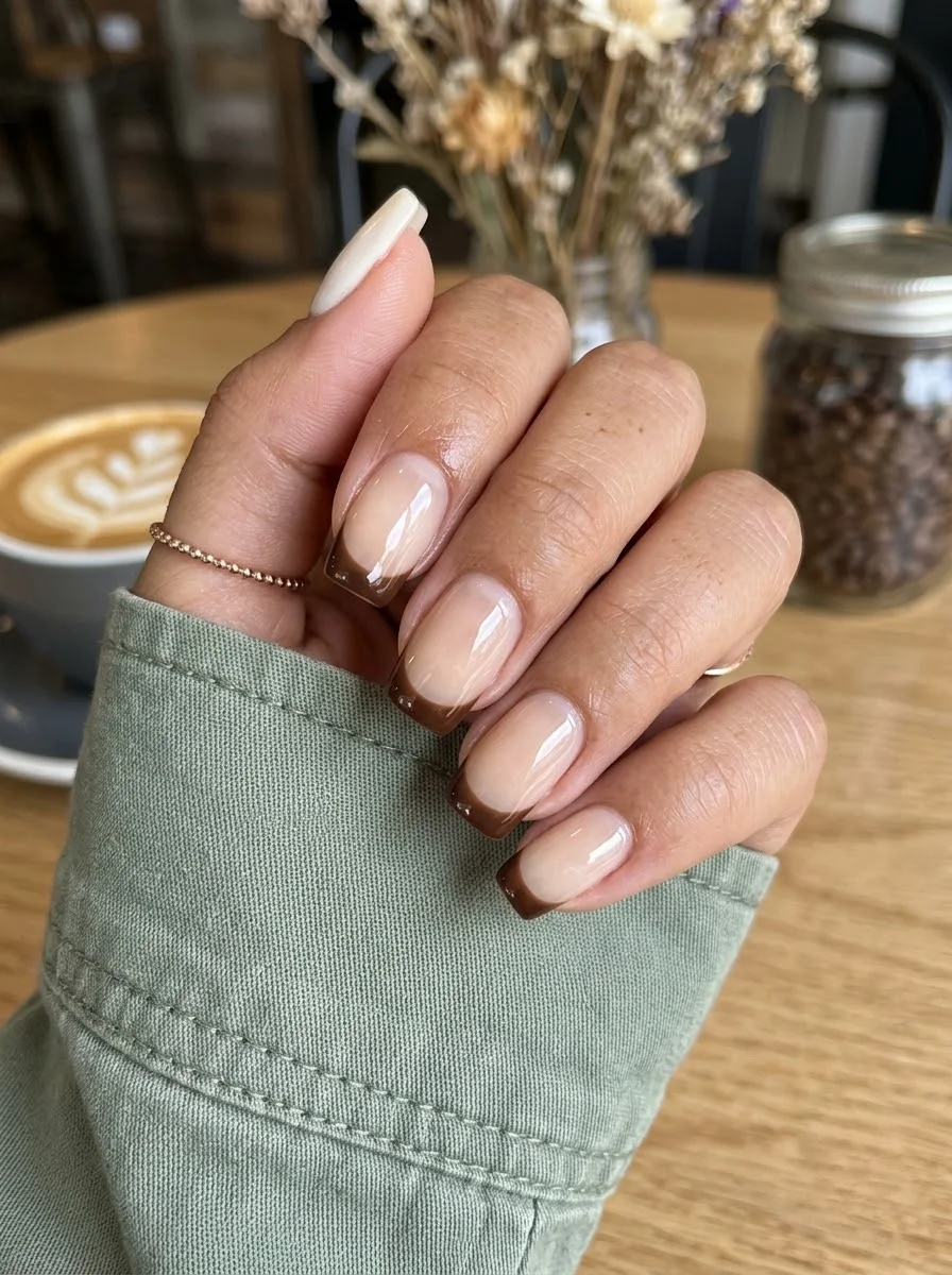 Medium square nails with sheer nude base and warm chocolate brown French tips.