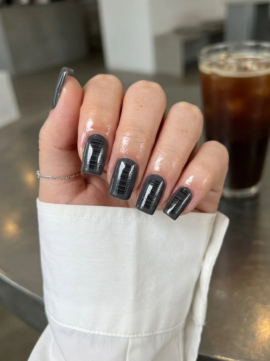 Short square nails with grey base and thin black vertical lines creating a barcode pattern.