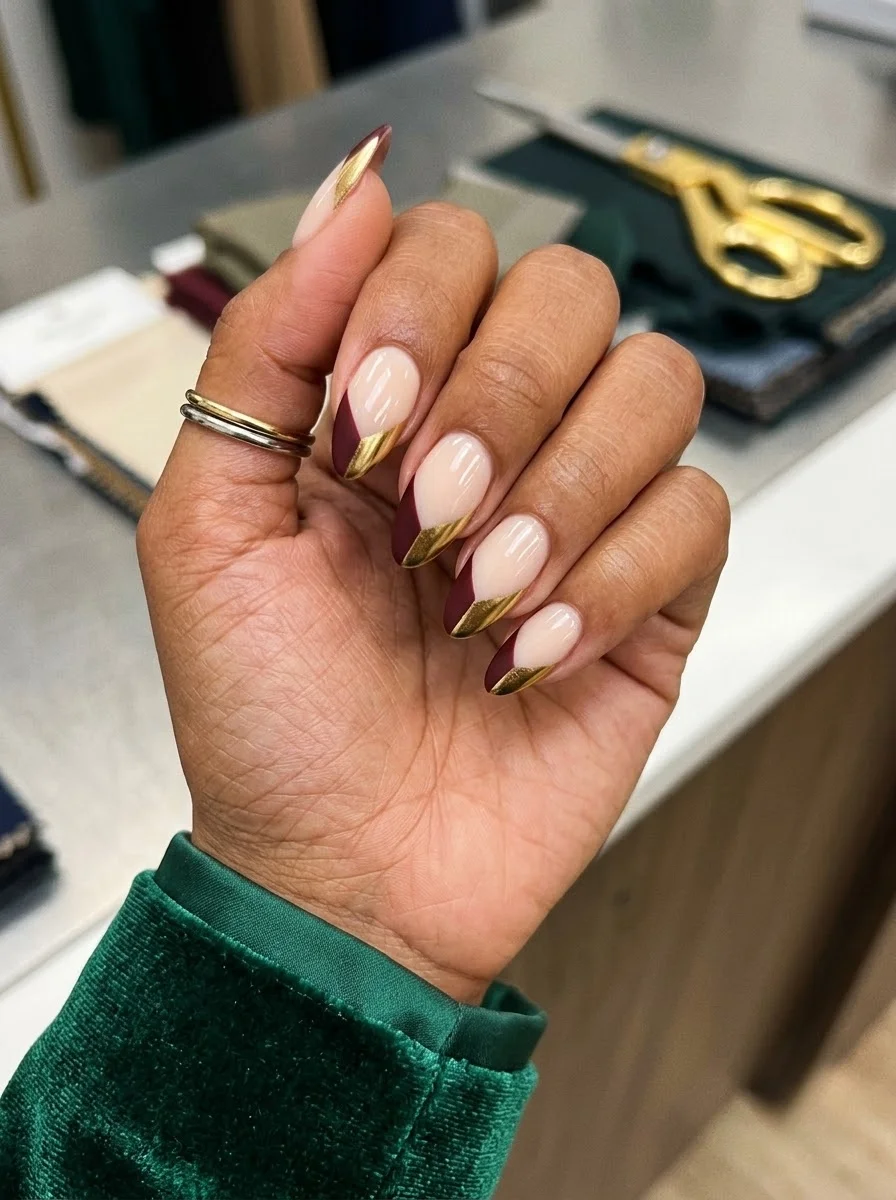 Medium oval nails with sheer nude base and diagonal burgundy tips with a gold metallic accent line.