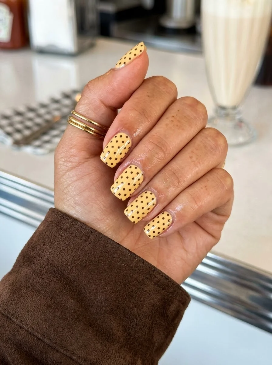 Short square nails with warm mustard yellow base and burgundy polka dots.