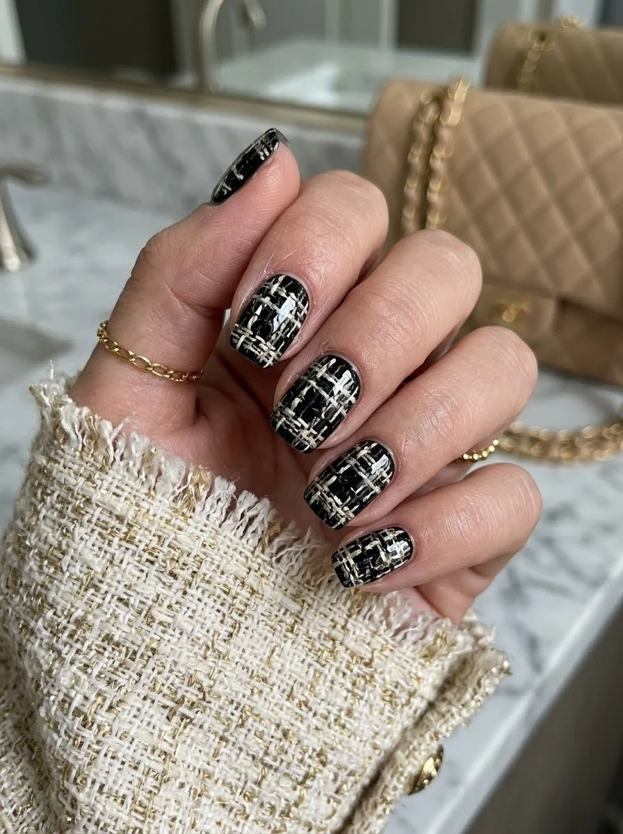 Short square nails with black base and gold and cream woven tweed or boucle pattern.