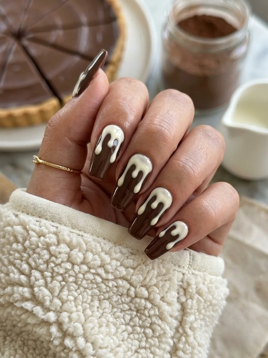 Long coffin nails with chocolate brown base and cream white drip effect from the cuticle.