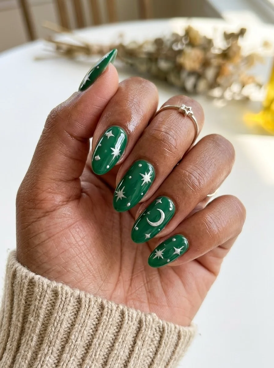 Medium oval nails with deep emerald green base and silver crescent moons and starburst designs.