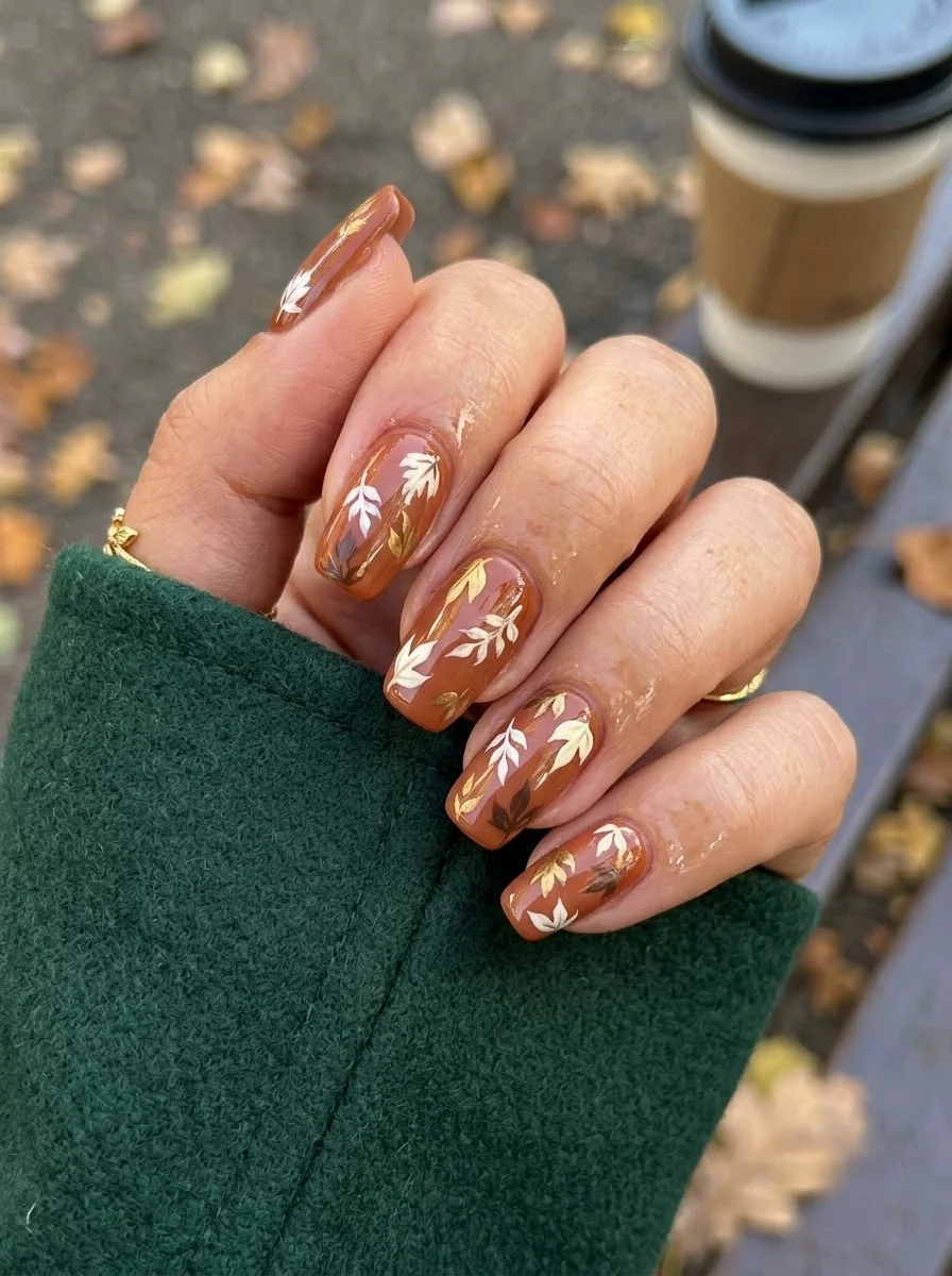 Medium oval nails with warm cognac brown base and cream, gold, and brown leaf and fern prints.