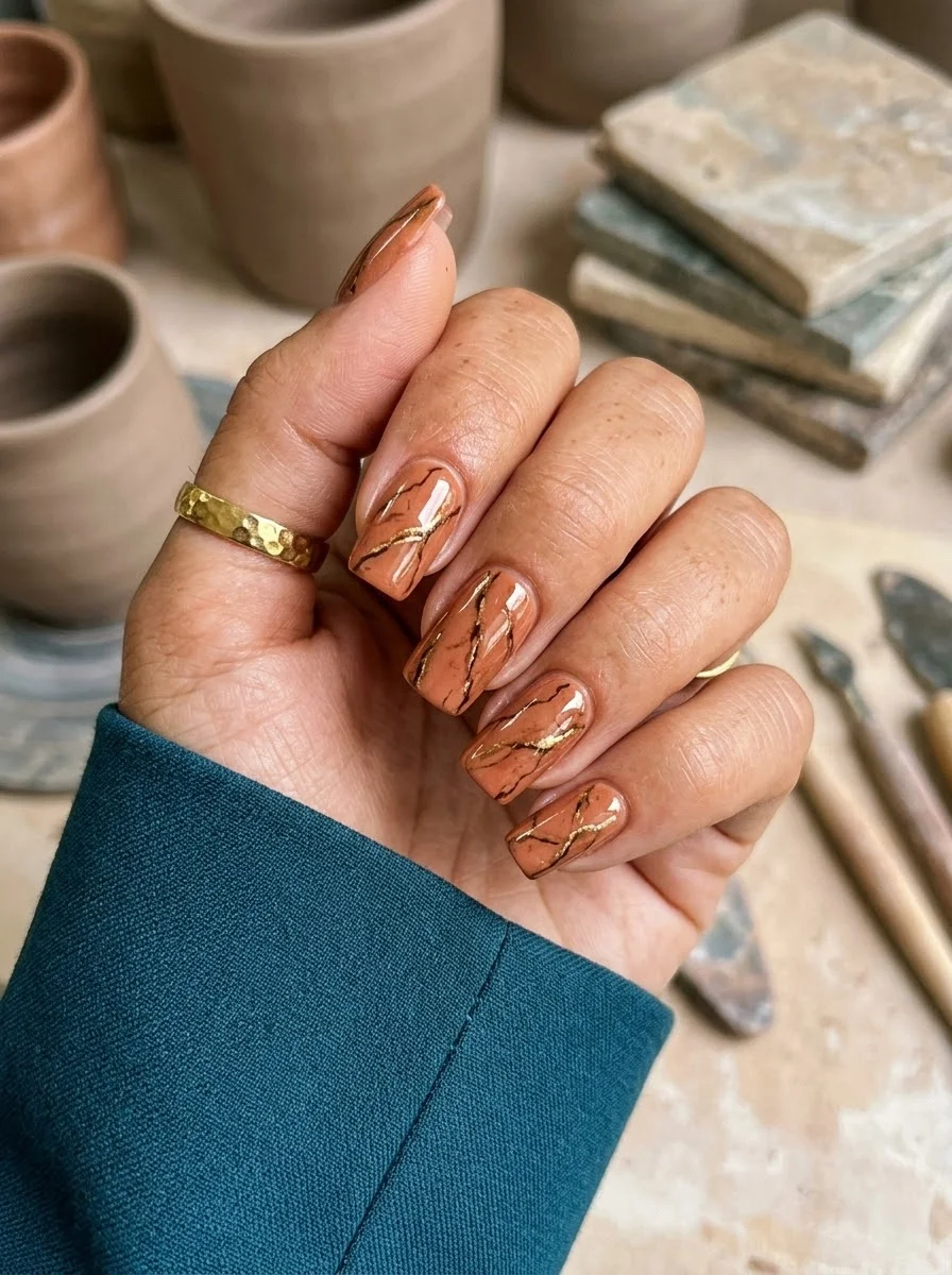 Medium square nails with terracotta clay base and gold metallic kintsugi-style veining.