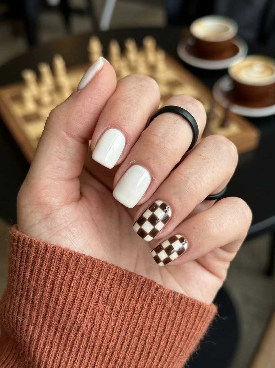 Short square nails with cream base and brown and cream checkerboard pattern on accent nails.