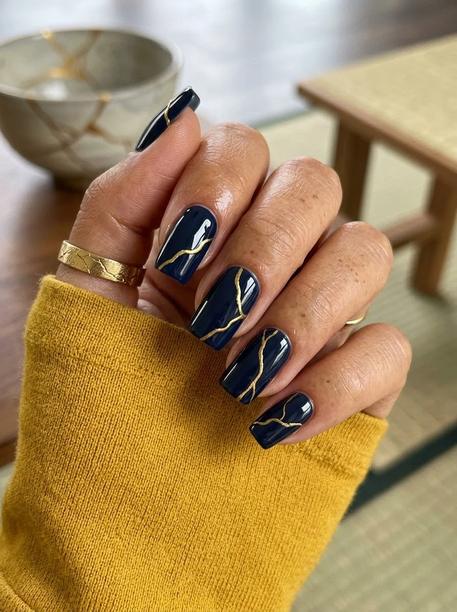 Medium oval nails with deep navy blue base and gold metallic kintsugi-style veining.