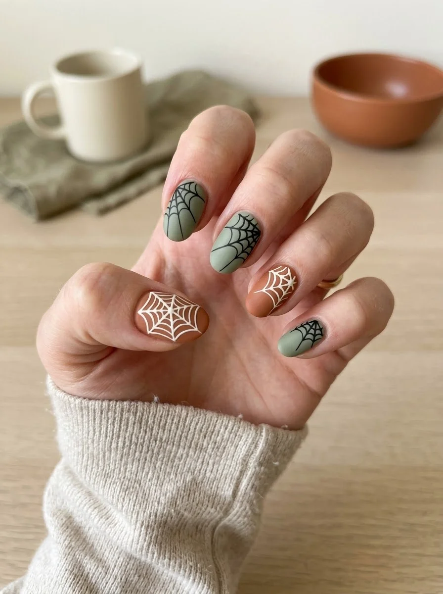 Sage Green & Terracotta Spiderweb Nails - Matte sage green and terracotta brown nails with black and white spider webs