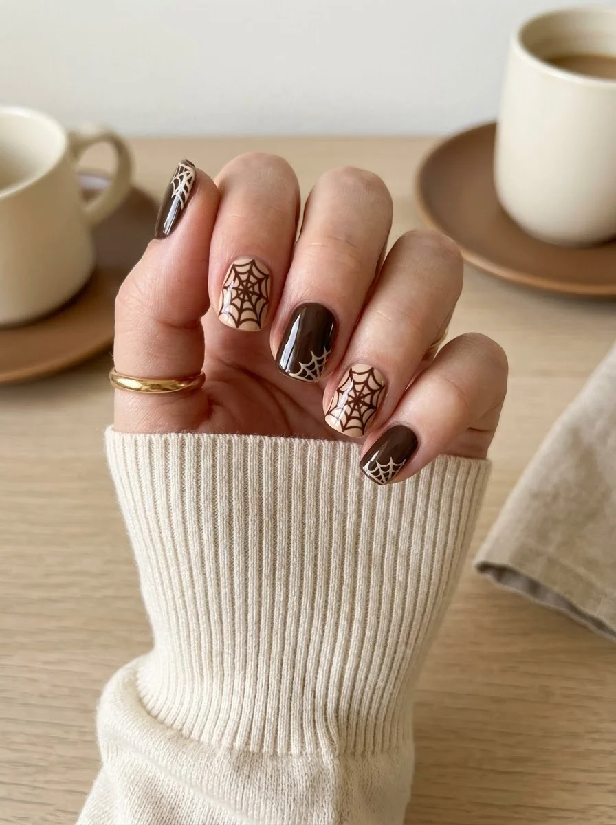 Chocolate & Nude Spiderweb Nails - Dark chocolate brown and nude nails with large chocolate spider web designs