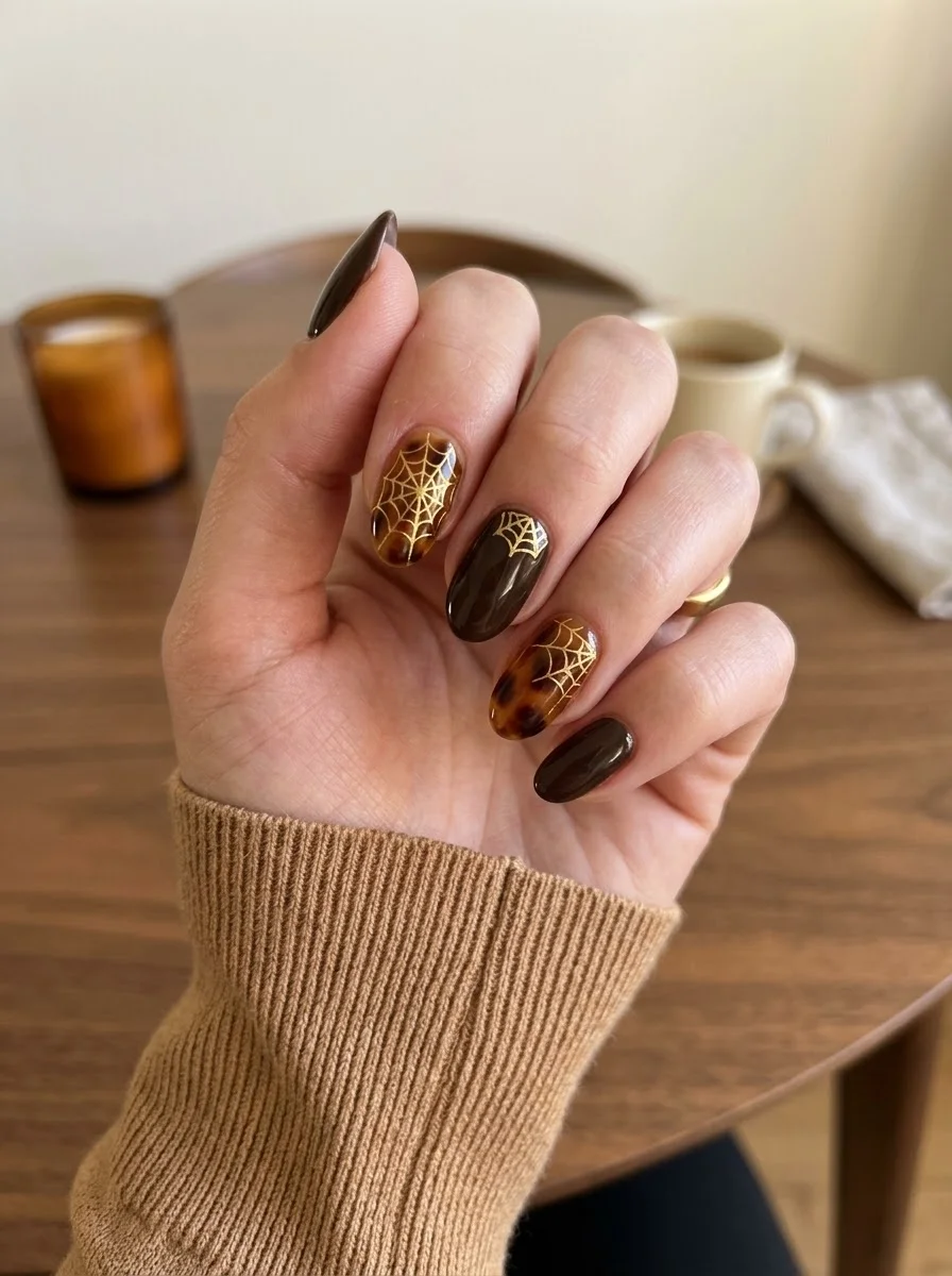 Tortoiseshell & Gold Spiderweb Nails - Amber tortoiseshell and dark brown nails decorated with fine gold spider webs