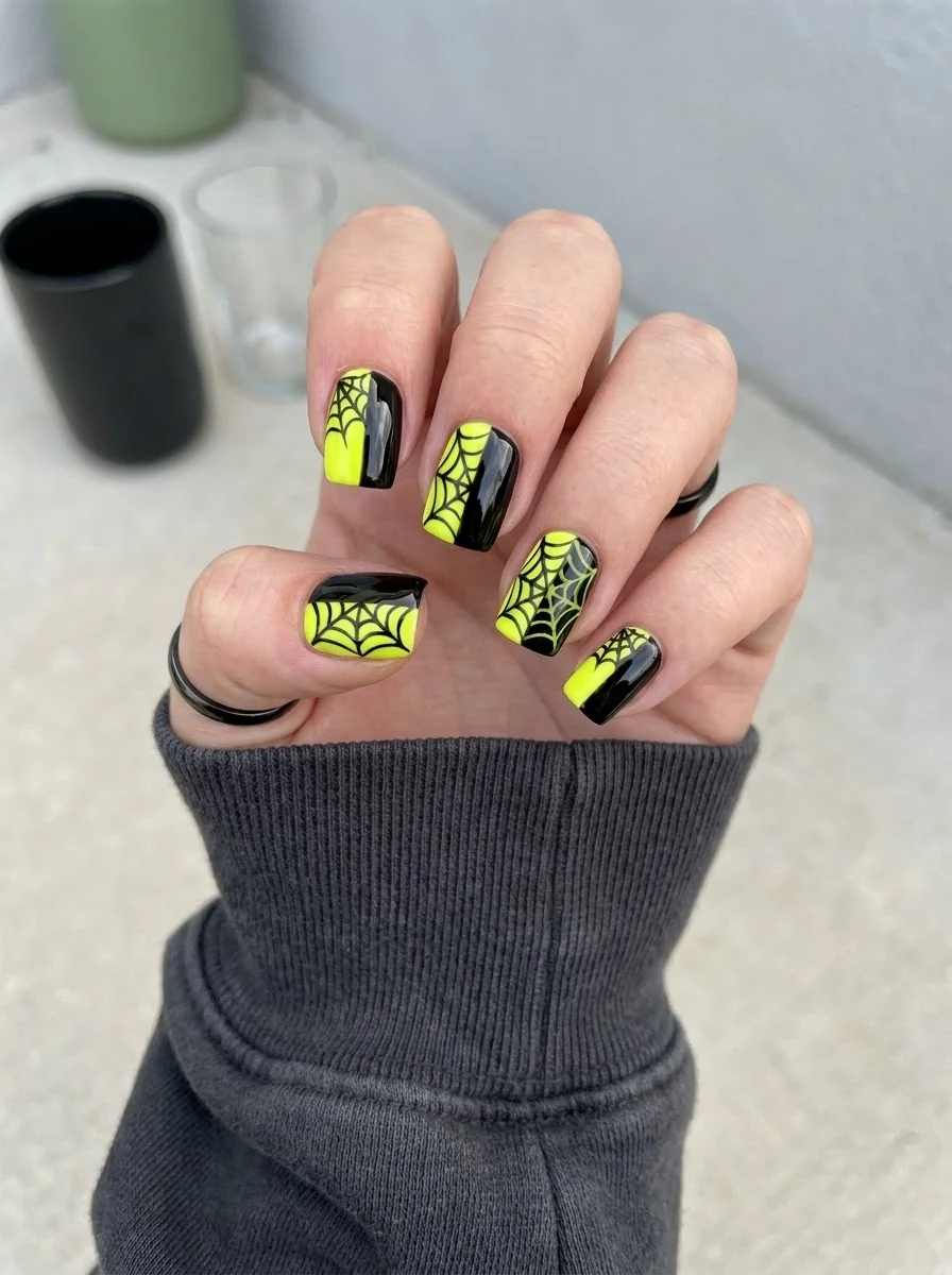 Neon Yellow & Black Spiderweb Nails - Electric neon yellow panels with glossy black sections and sharp black webs