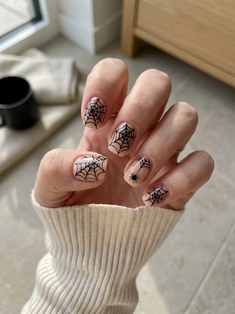 Classic Nude Spider & Web Nails - Sheer nude nails with fine black spider web pattern and hanging spider accent