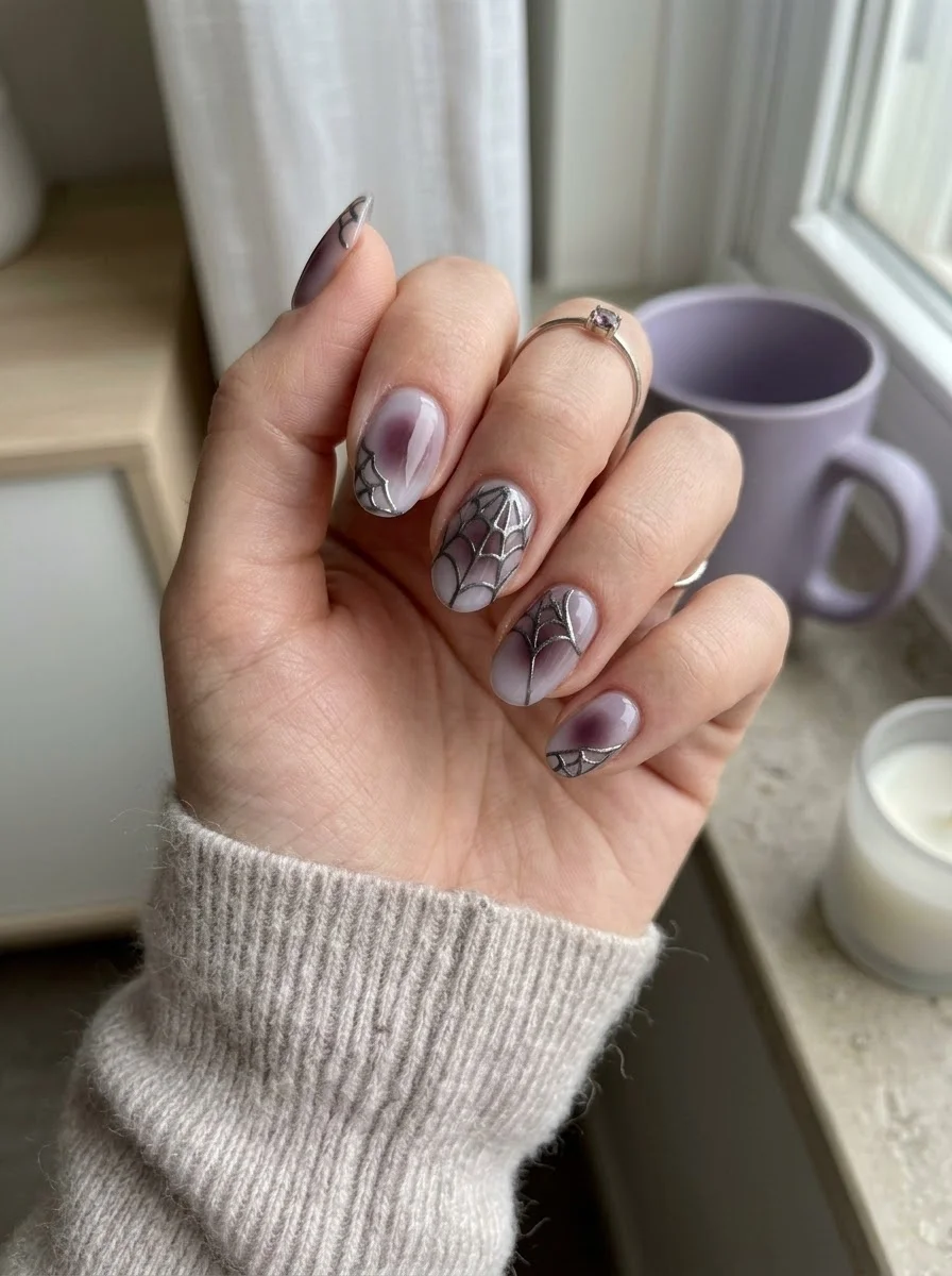Smoky Purple Ombre Spiderweb Nails - Lavender and smoky purple ombre nails with metallic grey spider webs