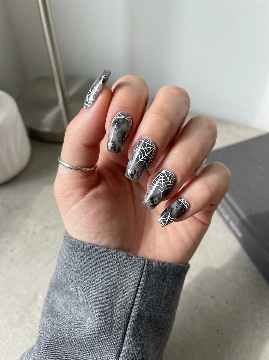 Grey Marble Coffin Spiderweb Nails - Long coffin nails with smoky grey stone marble base and crisp white spider webs