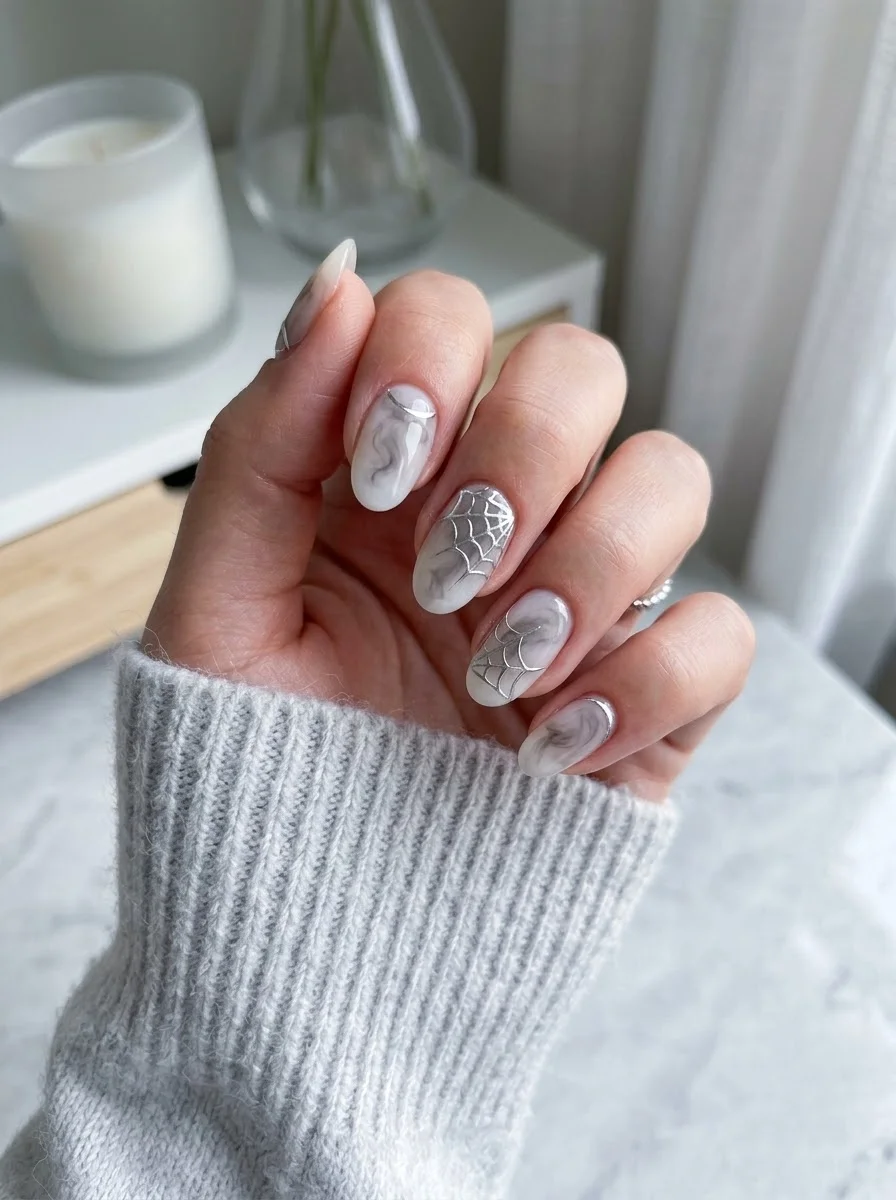 White Marble Spiderweb Nails - Milky white marble base with wispy grey veining and silver spider webs
