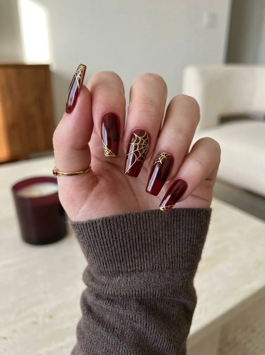 Deep Red & Gold Spiderweb Coffin Nails - Deep wine-red long coffin nails with fine metallic gold spider webs