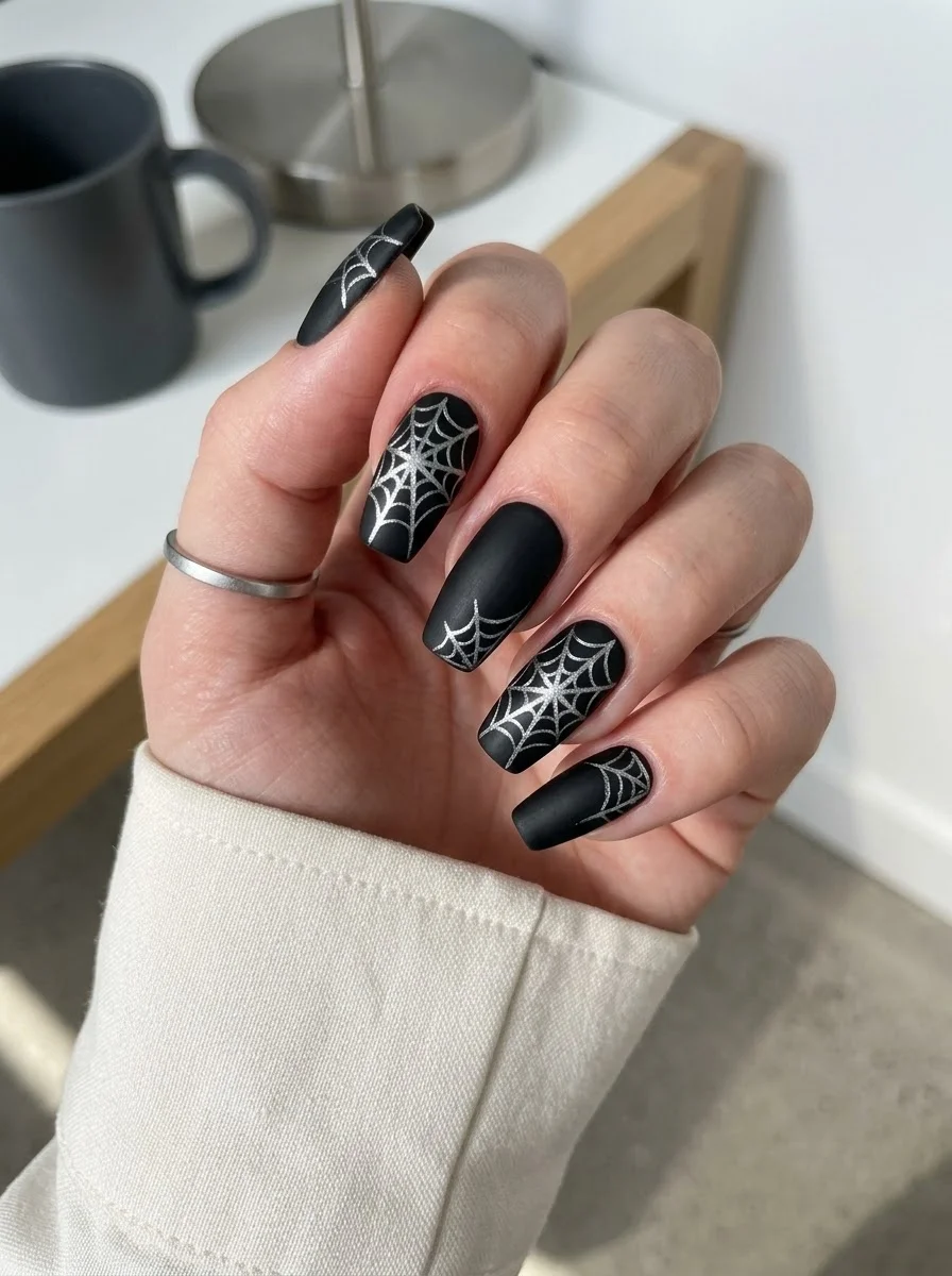 Matte Black Silver Spiderweb Nails - Matte black coffin nails with crisp shimmering silver spider webs