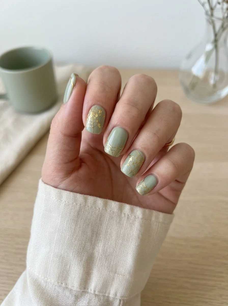 Sage Green & Gold Spiderweb Nails - Muted sage green nails detailed with metallic gold corner spider webs