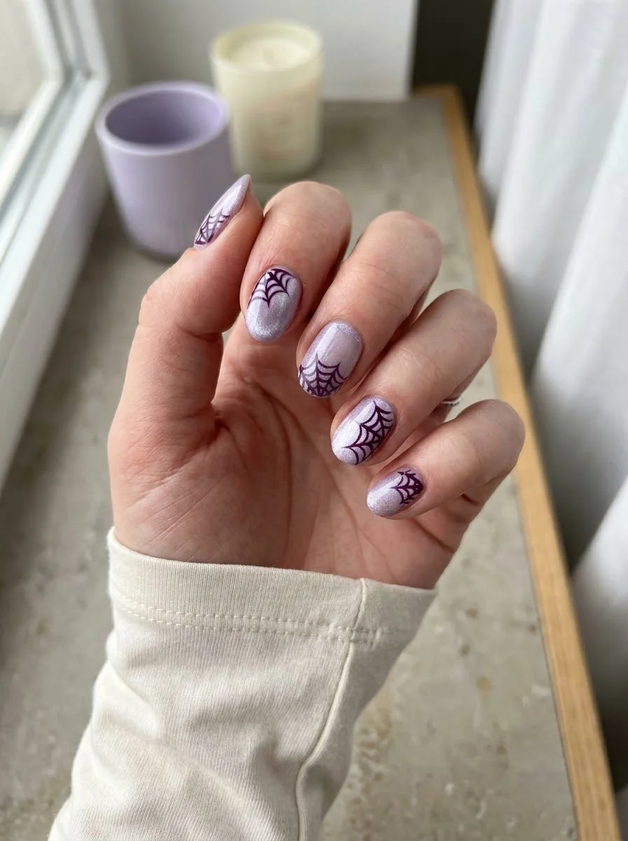 Lavender Shimmer Spiderweb Nails - Pearly lilac shimmer nails with deep plum-purple spider webs