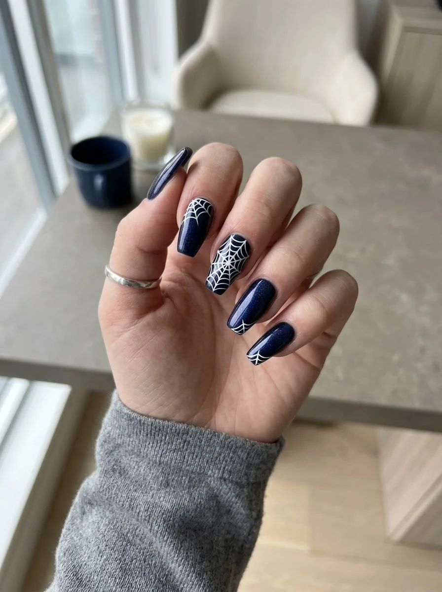 Midnight Navy Glitter Spiderweb Nails - Deep navy blue glitter coffin nails with white spider webs