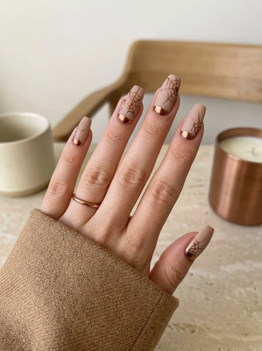 Nude & Rose Gold Spiderweb French Nails - Nude nails with reflective rose-gold French tips and metallic spider webs