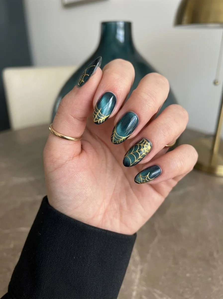 Teal Chrome & Gold Spiderweb Nails - Shimmering teal chrome nails with metallic gold spider webs