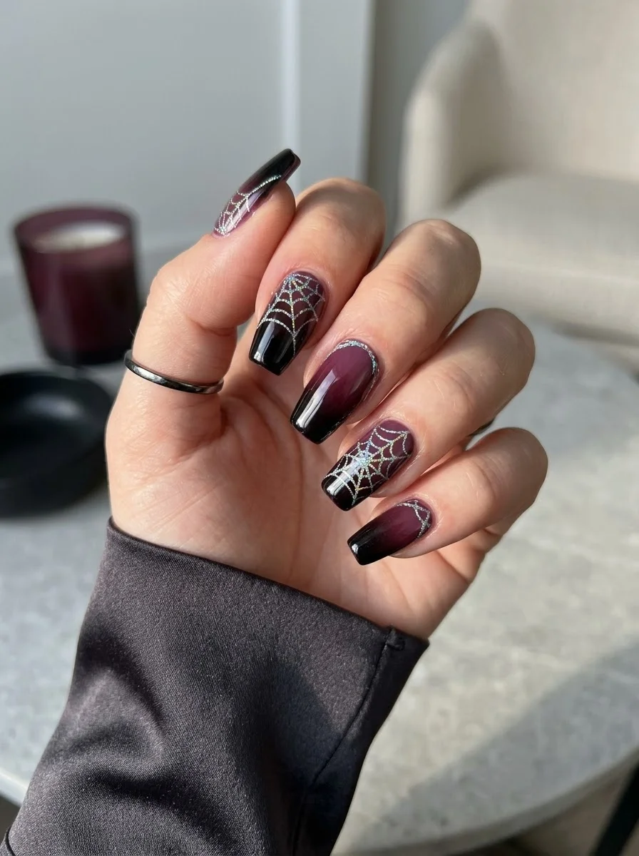 Burgundy Ombre Glitter Spiderweb Nails - Burgundy to black ombre coffin nails with silver glitter spider webs