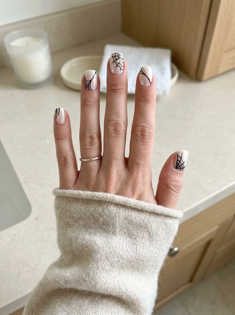 Milky Nude French Spiderweb Nails - Milky nude nails with fine black French-tip spider web lines