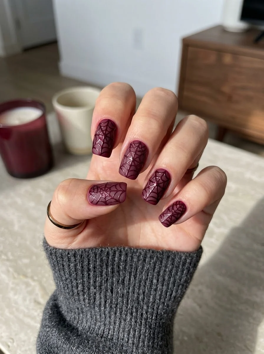 Deep Berry Spiderweb Nails - Dark raspberry-plum berry nails with glossy tonal spider webs