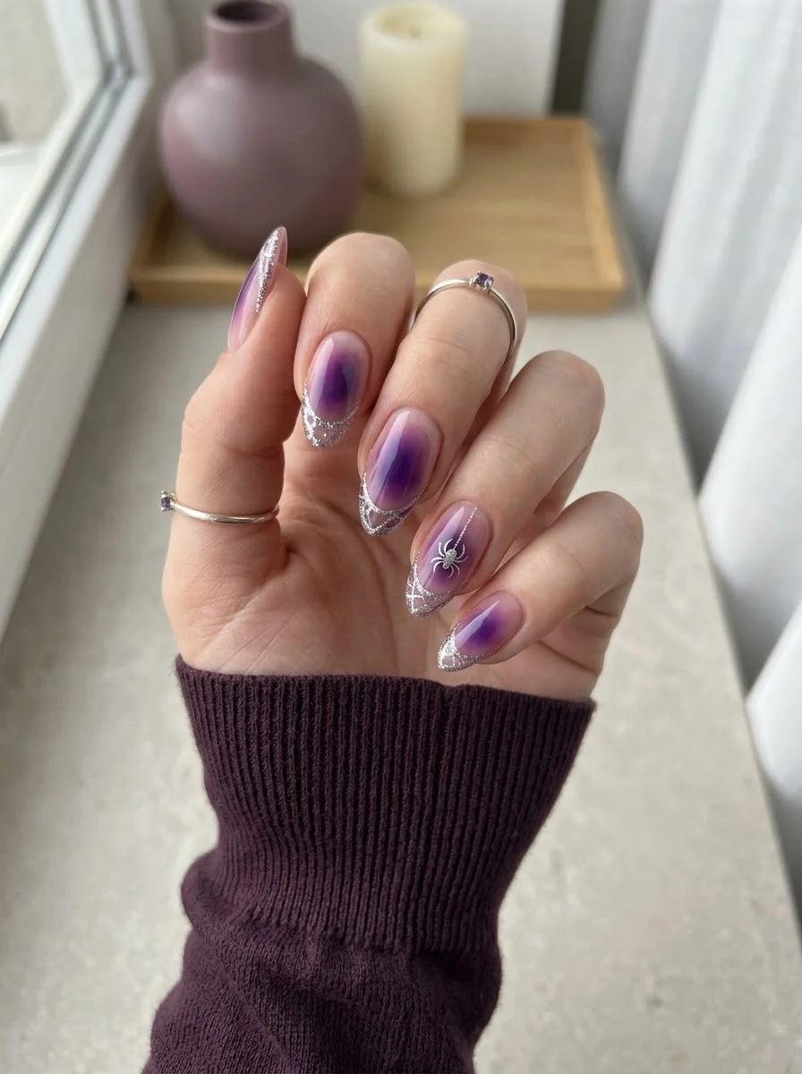 Purple Aura French Nails With Spider Accent - Purple aura nude nails with sparkling silver French tips and hanging spider accent