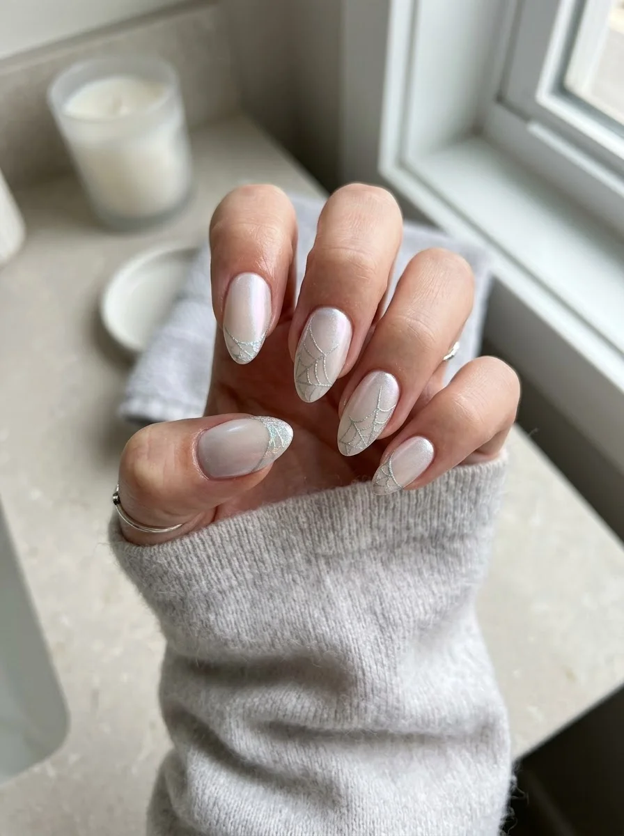 Pearl White Glitter Spiderweb French Nails - Translucent pearl white nails with fine silver glitter spider web French tips