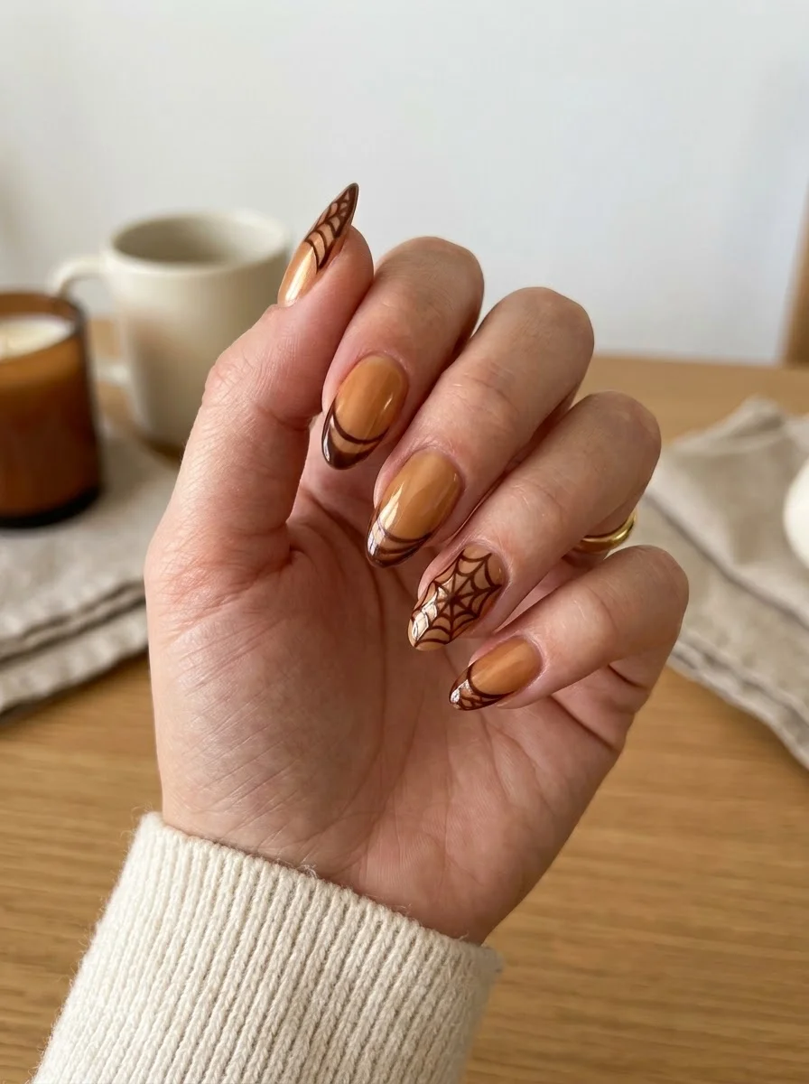 Caramel & Chocolate Spiderweb Nails - Warm caramel nails with deep chocolate brown spider web accents and partial French tips