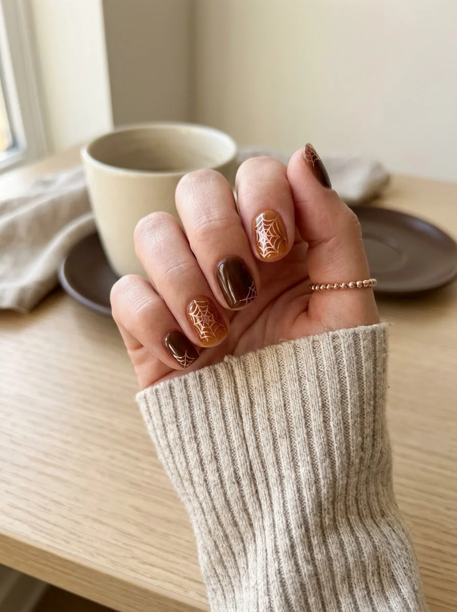 Chocolate & Amber Spiderweb Nails - Espresso brown and amber translucent nails with fine cream spider webs