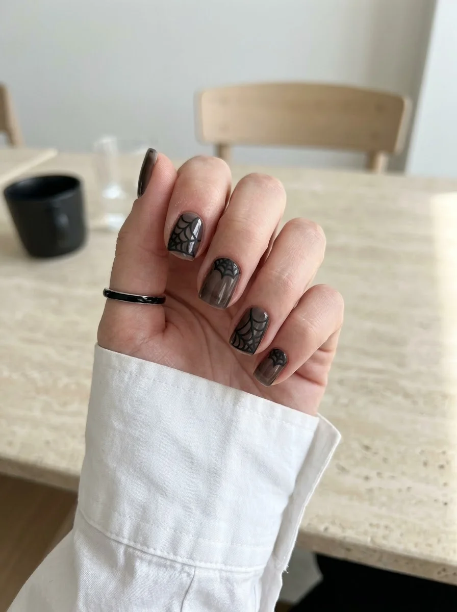Smoky Grey Black Spiderweb Nails - Translucent smoky grey nails with crisp black spider web linework