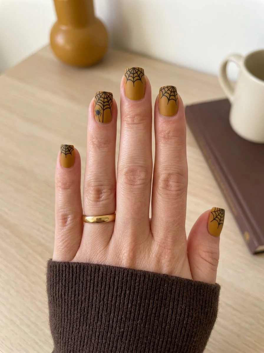 Mustard Yellow Spiderweb Nails - Mustard yellow nails with black corner spider webs and a tiny spider detail