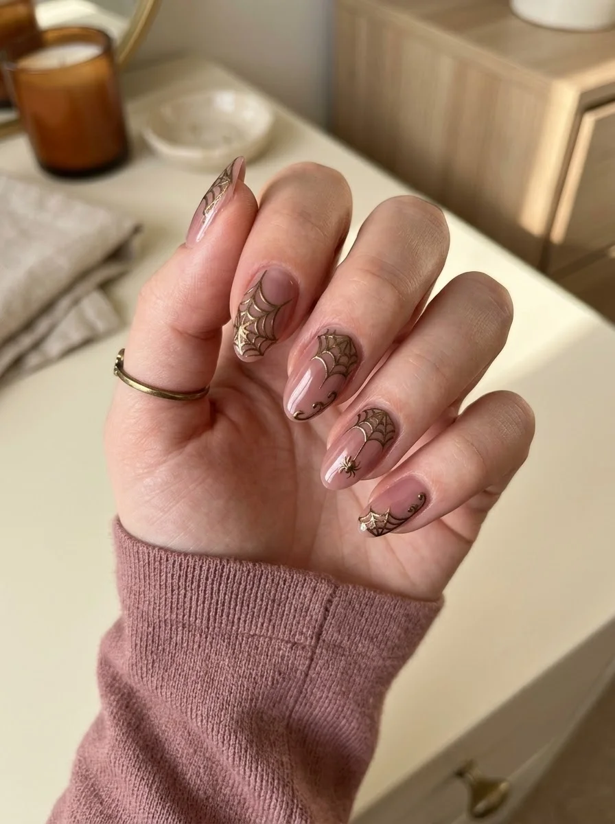 Nude Pink & Gold Spiderweb Nails - Sheer blush-pink almond nails with metallic gold-bronze spider web art