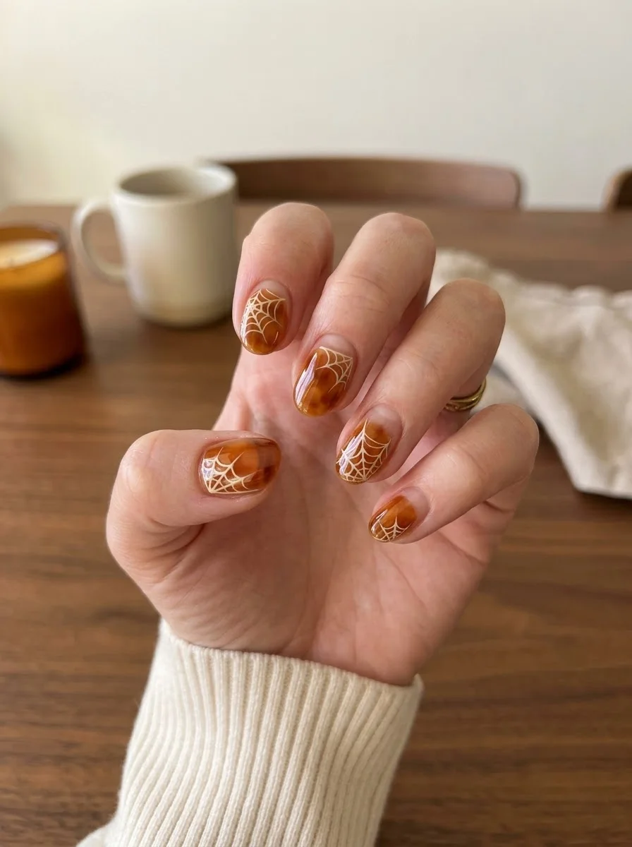 Amber Marble Spiderweb Nails - Swirling caramel amber marble nails with creamy white spider webs