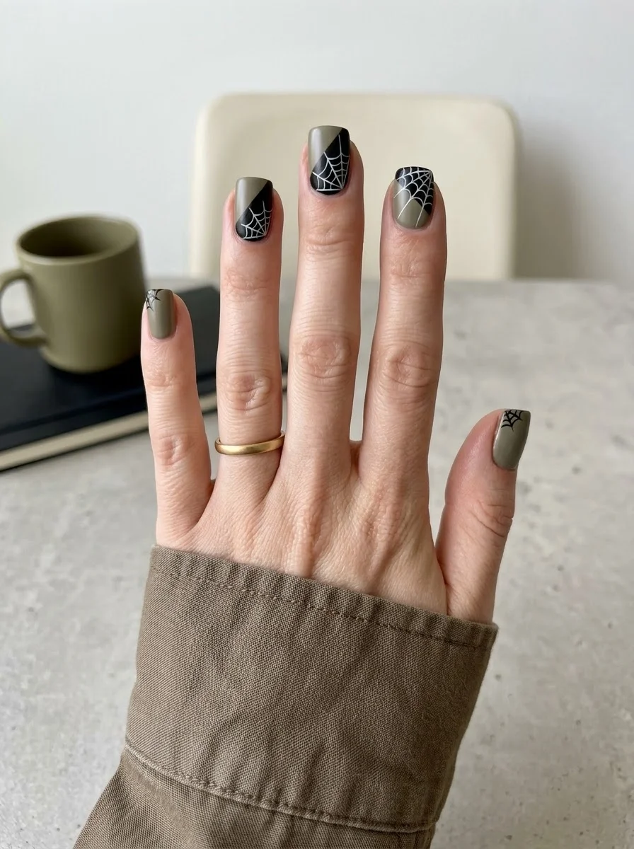 Olive Green & Black Spiderweb Nails - Muted olive green and glossy black color-blocked nails with spider webs