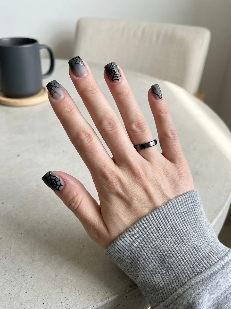 Smoky Black Ombre Spiderweb Nails - Sheer grey to black ombre nails with subtle glossy black spider webs