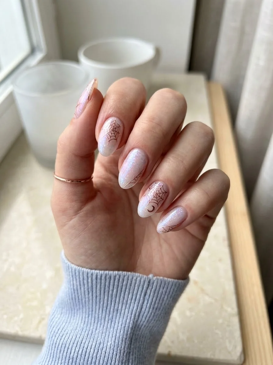 Pearly Moon & Spiderweb Nails - Pearly white shimmer nails with metallic web lines and tiny crescent moon art