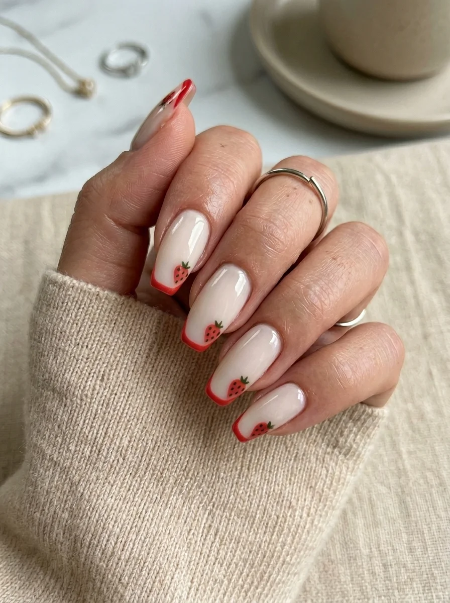 Almond nails with milky nude base, tiny hand-painted strawberries near the tips, and thin red French lines.