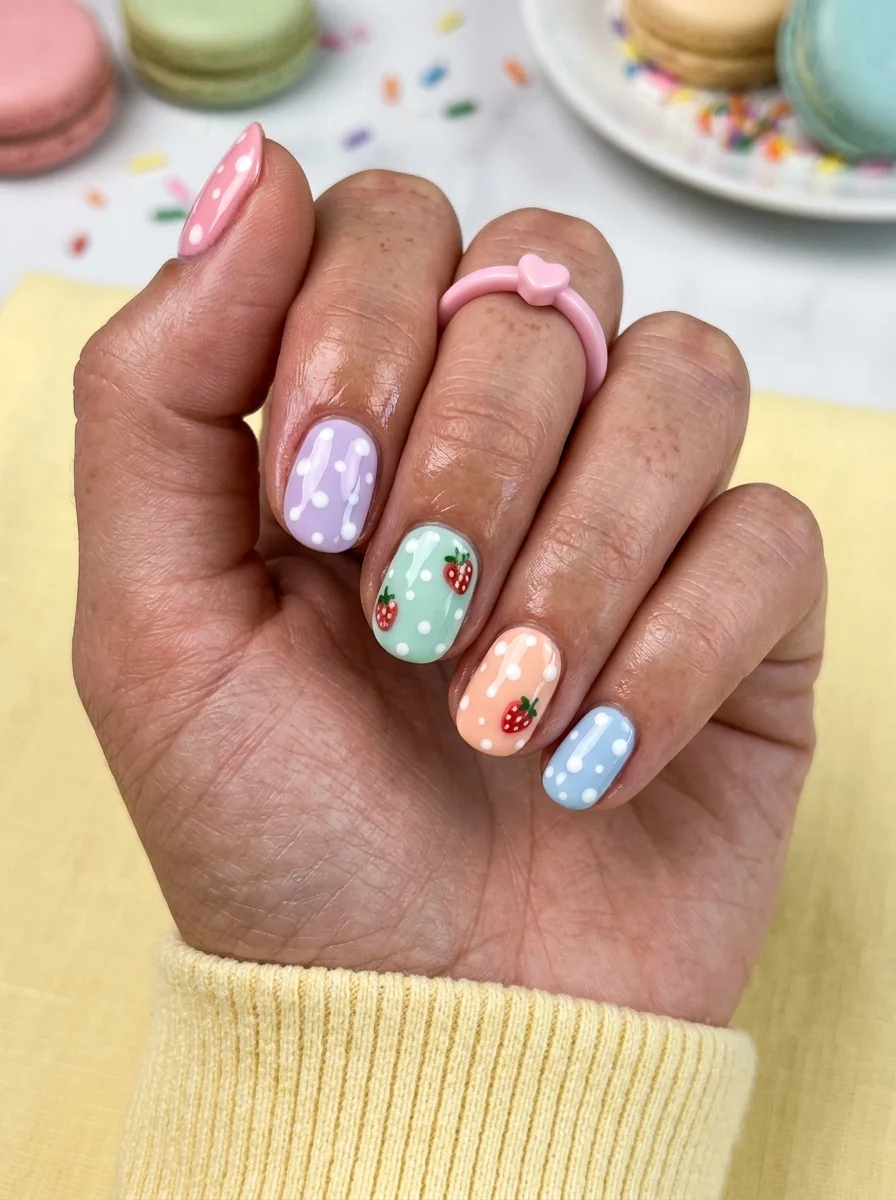 Square nails with pastel lavender, mint, peach, and blue bases featuring white polka dots and tiny strawberries.