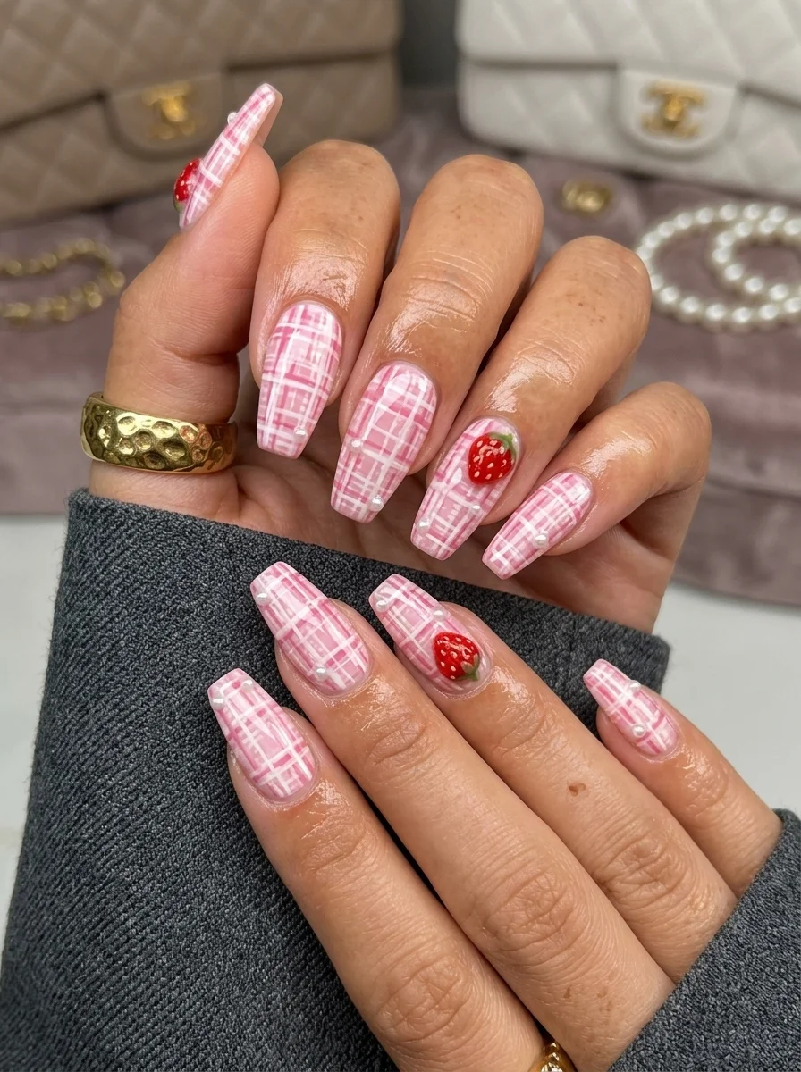 Coffin nails with pink and white plaid pattern, hand-painted strawberries, and pearl embellishments.