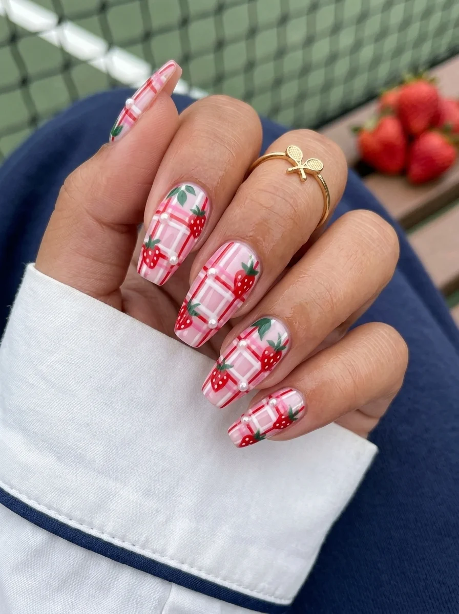 Long coffin nails with bold pink and white plaid pattern and hand-painted strawberries.