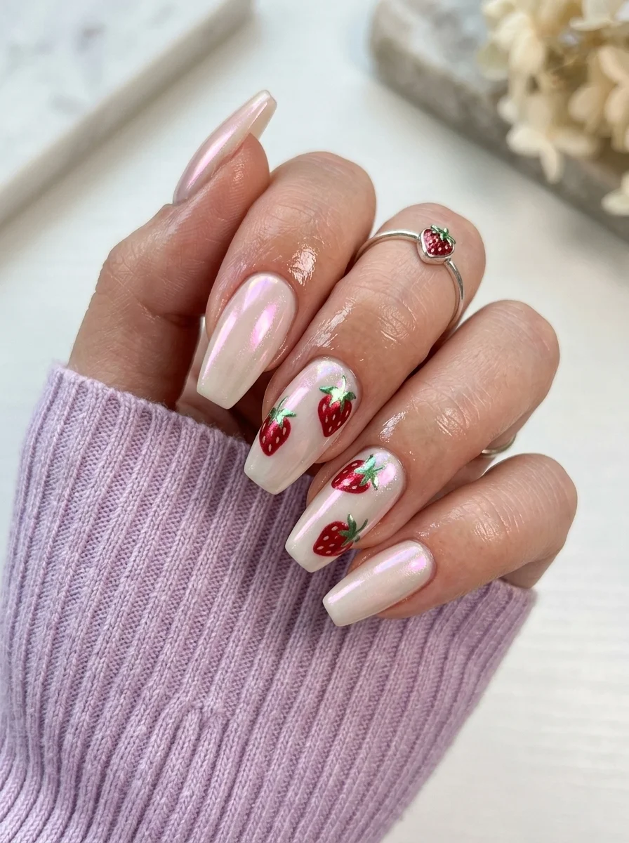 Coffin nails with iridescent pearl chrome base and hand-painted red strawberries on accent nails.