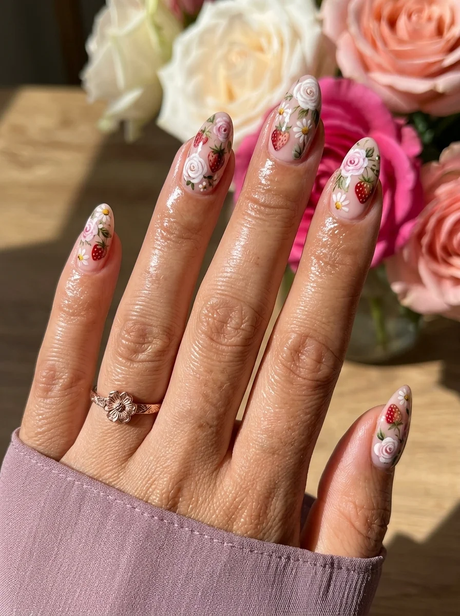 Almond nails with sheer nude base featuring hand-painted roses, daisies, strawberries, and berries.